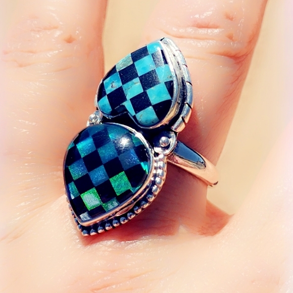 Checkerboard Turquoise & Opal Gemstone Ring